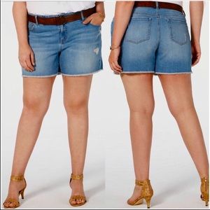 Style & Co Plus Shorts Belted Blue Jean Denim Mid Rise Distressed Frayed Hem